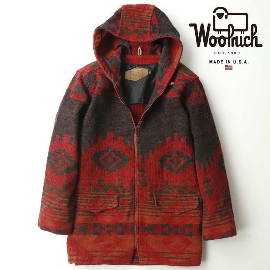 【80年代 レア物！】美品 USA アメリカ製 Woolrich ウールリッチ ネイティブ メルトンウール フーデッドコート 赤 M マッキーノジャケット_画像1