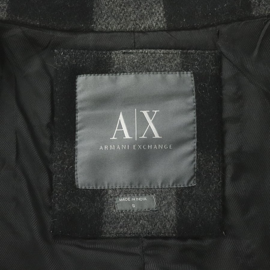 美品 A/X ARMANI EXCHANGE アルマーニ・エクスチェンジ ウールブレンド メルトンウール Pコート チェック S ピーコート ダブルブレスト_画像5