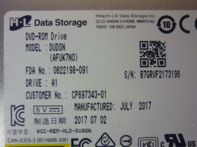 30日保証／送料無料　■ DVDドライブ／DVD ROM DRIVE H-L DUDON／FUJITSU LIFEBOOK A576/Pより取外し品（管6022511）_画像2