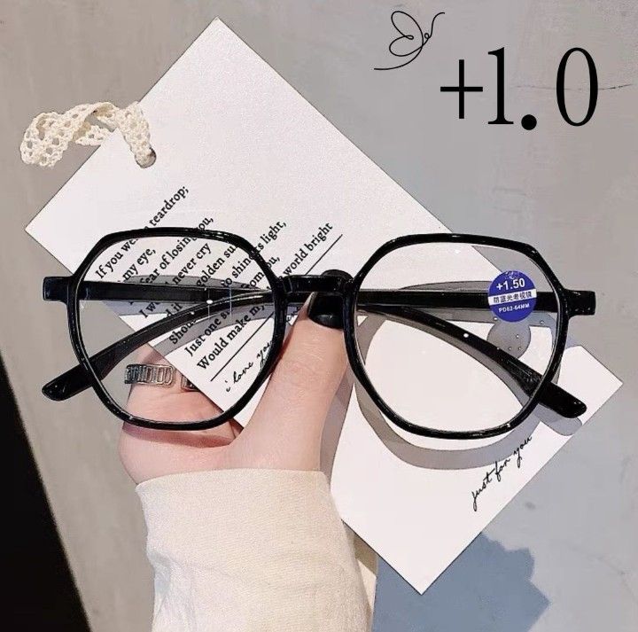 老眼鏡 +1.0 黒縁 多角形 シニアグラス ブラック レトロ  お洒落 ブルーライトカット 大きめ 