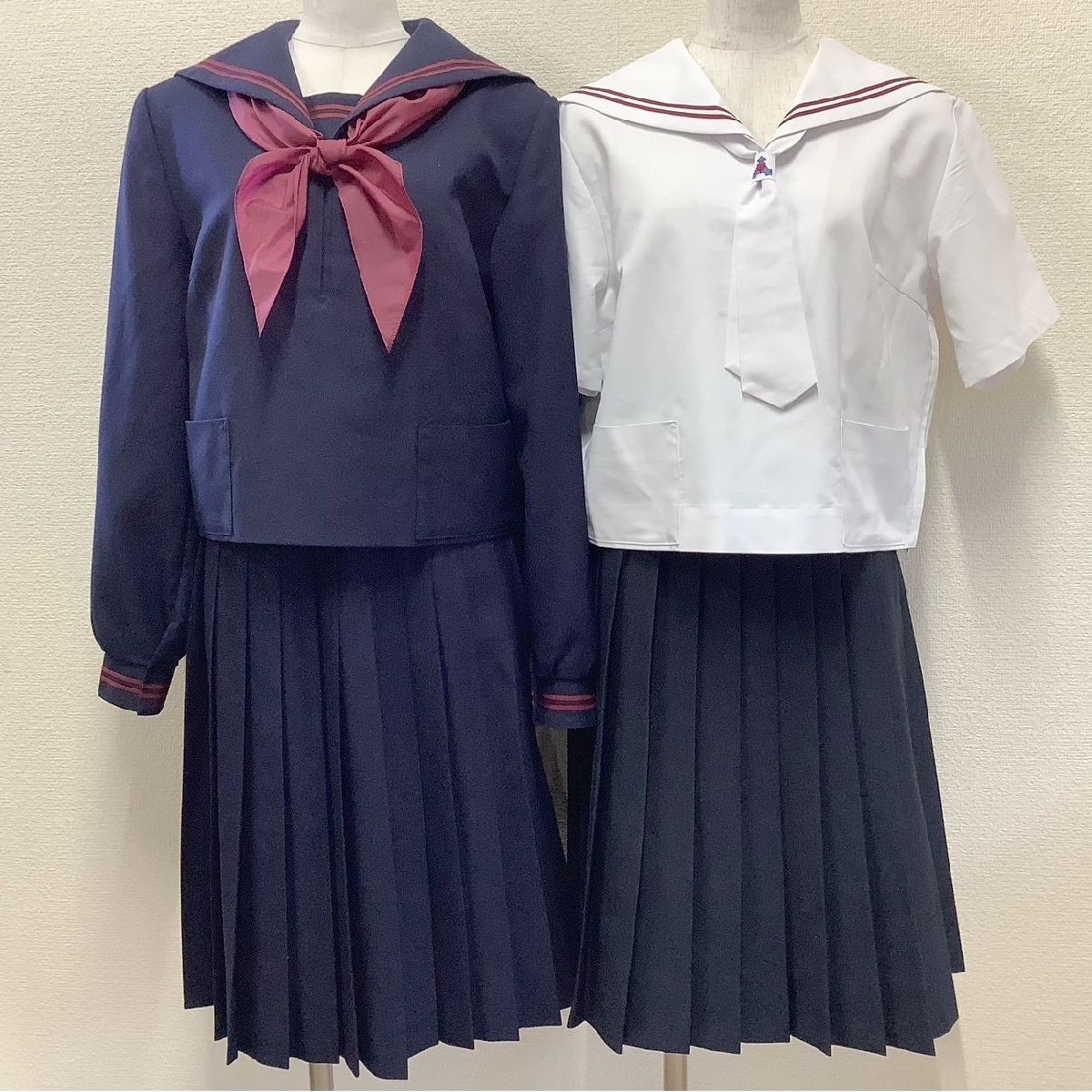 I436/Y(中古)山形県 蔵王第一中学校 女子制服7点 /大きめ/170A/160B/W72/W75/セーラー/スカート/タイ/スカーフ/夏冬/合服/赤2本/学生服