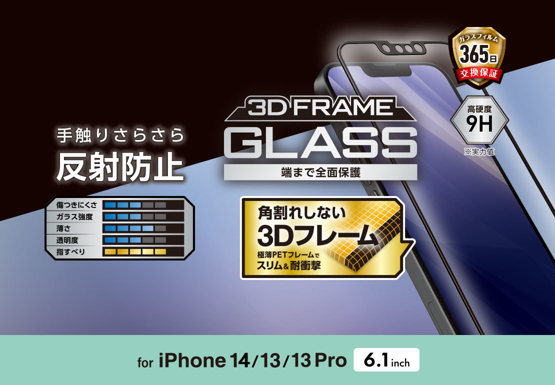 エレコム iPhone 14・13 Pro・13 強化ガラスフィルム さらさら フルカバー 反射指紋防止 マット アンチグレア フレーム付 全面保護 778
