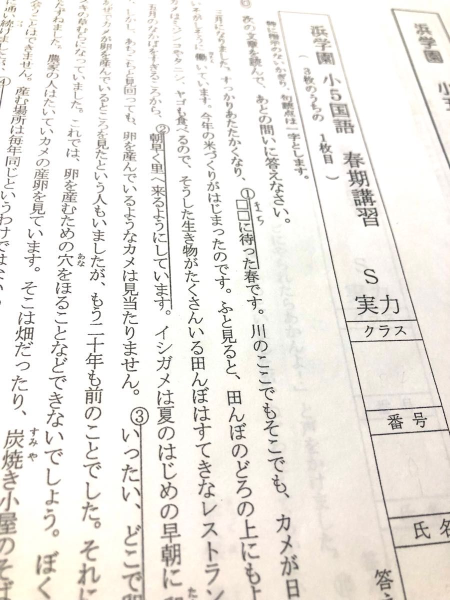 浜学園　小5春季講習　国語.算数.理科、社会復習テスト