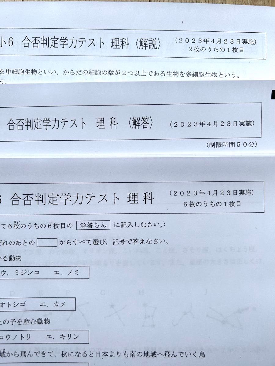 浜学園 小6 2023年度第1回合否判定テスト（国語、算数、理科）解答解説付き