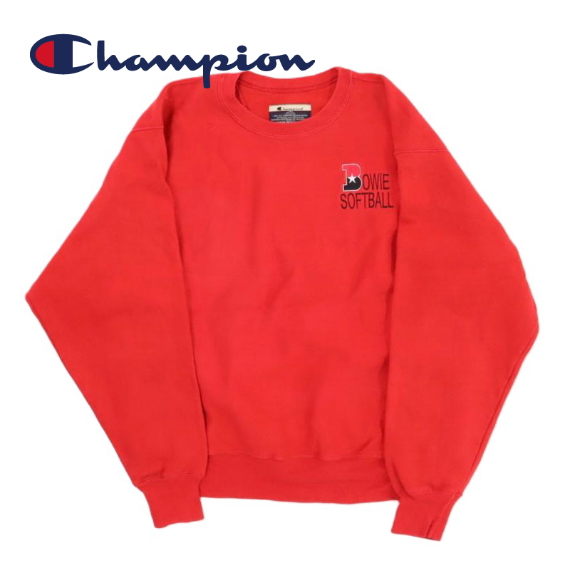 リバースウィーブ champion チャンピオン ワンポイント刺繍　袖ロゴ 肉厚 長袖カラートレーナー レッド赤 US古着：Lサイズ メンズ