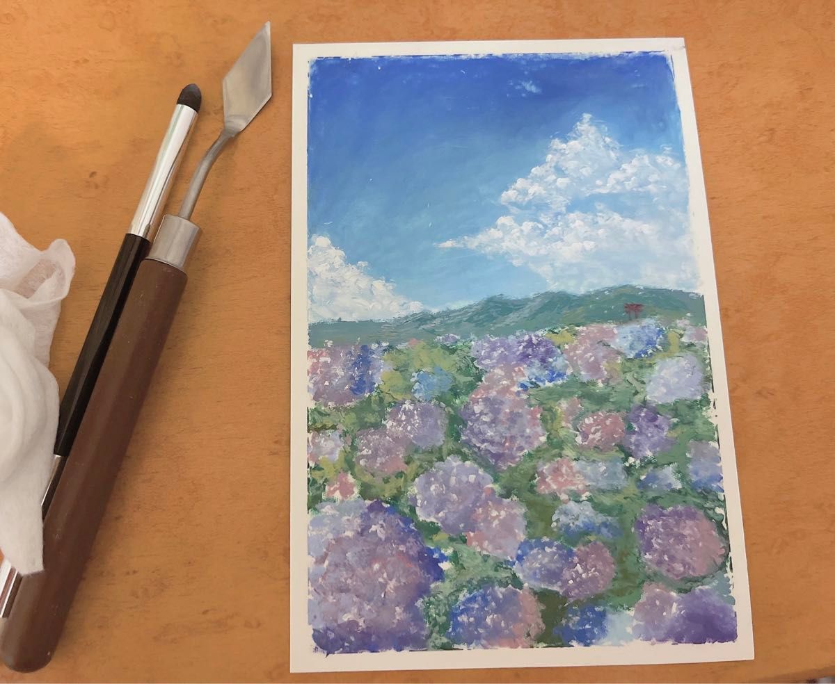 「夢中の青空」手描きハガキ　油絵　風景画　オイルパステル作品　紫陽花　青空