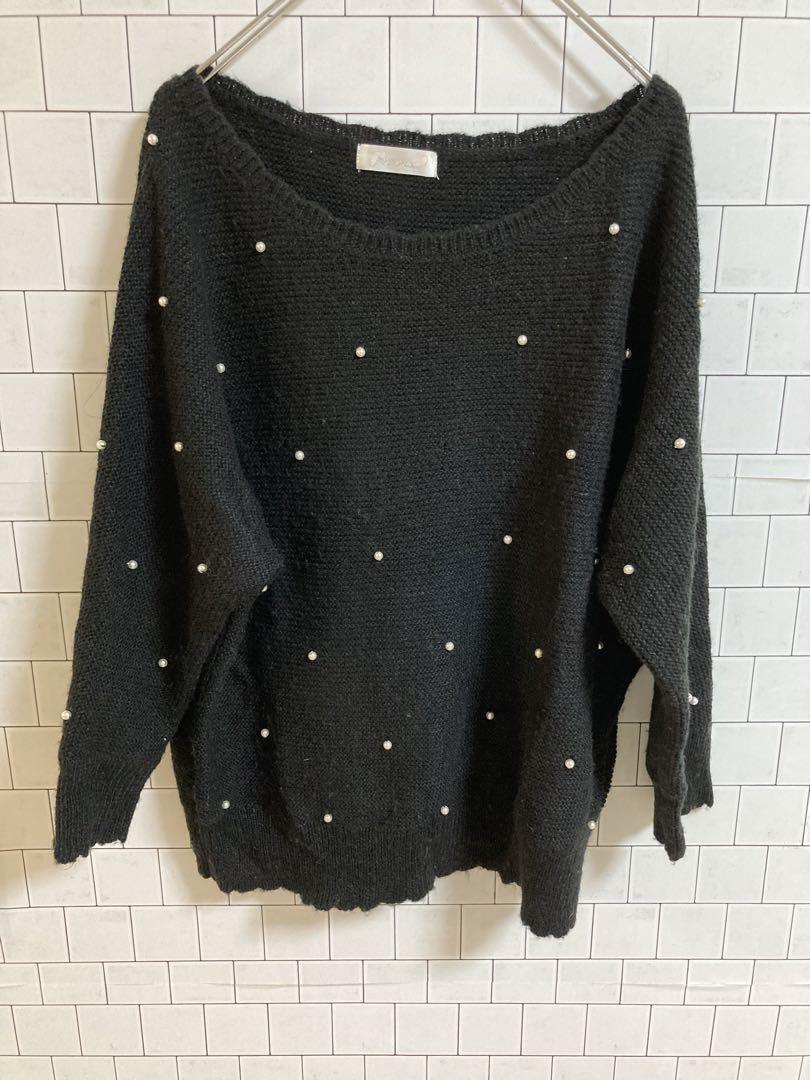 31351 Feroux【M】ブラックセーター　パール付き　真珠　ニット_画像4