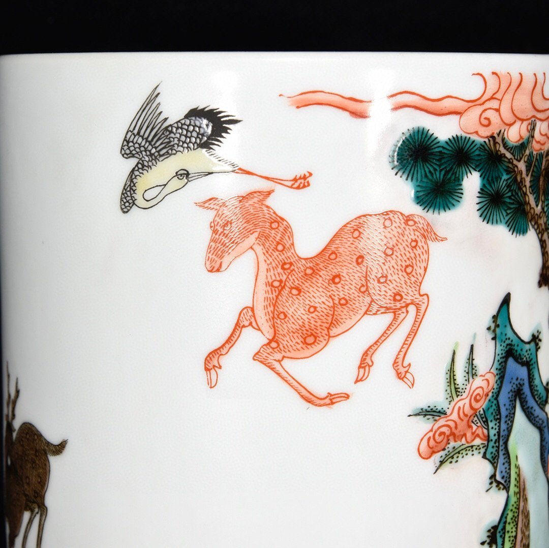 ◆古寳堂◆清 乾隆年製款 五彩 鹿鶴紋 筆筒 古陶瓷品 極細工 古置物 古擺件 中国古美術 時代物 古董品_画像7