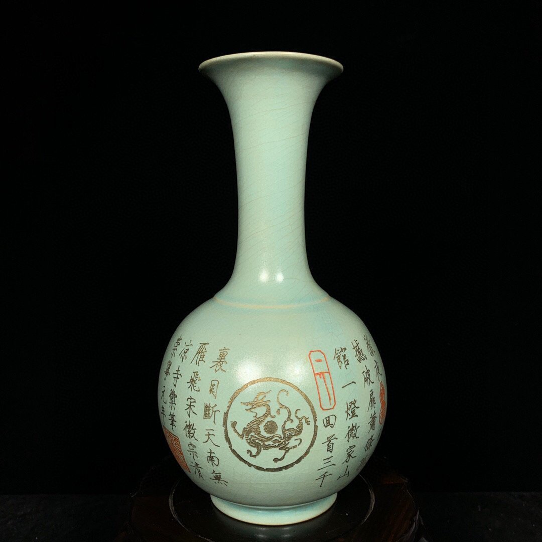◆古寳堂◆宋 汝窯 詩文 賞瓶 古陶瓷品 極細工 古置物 古擺件 中国古美術 時代物 古董品