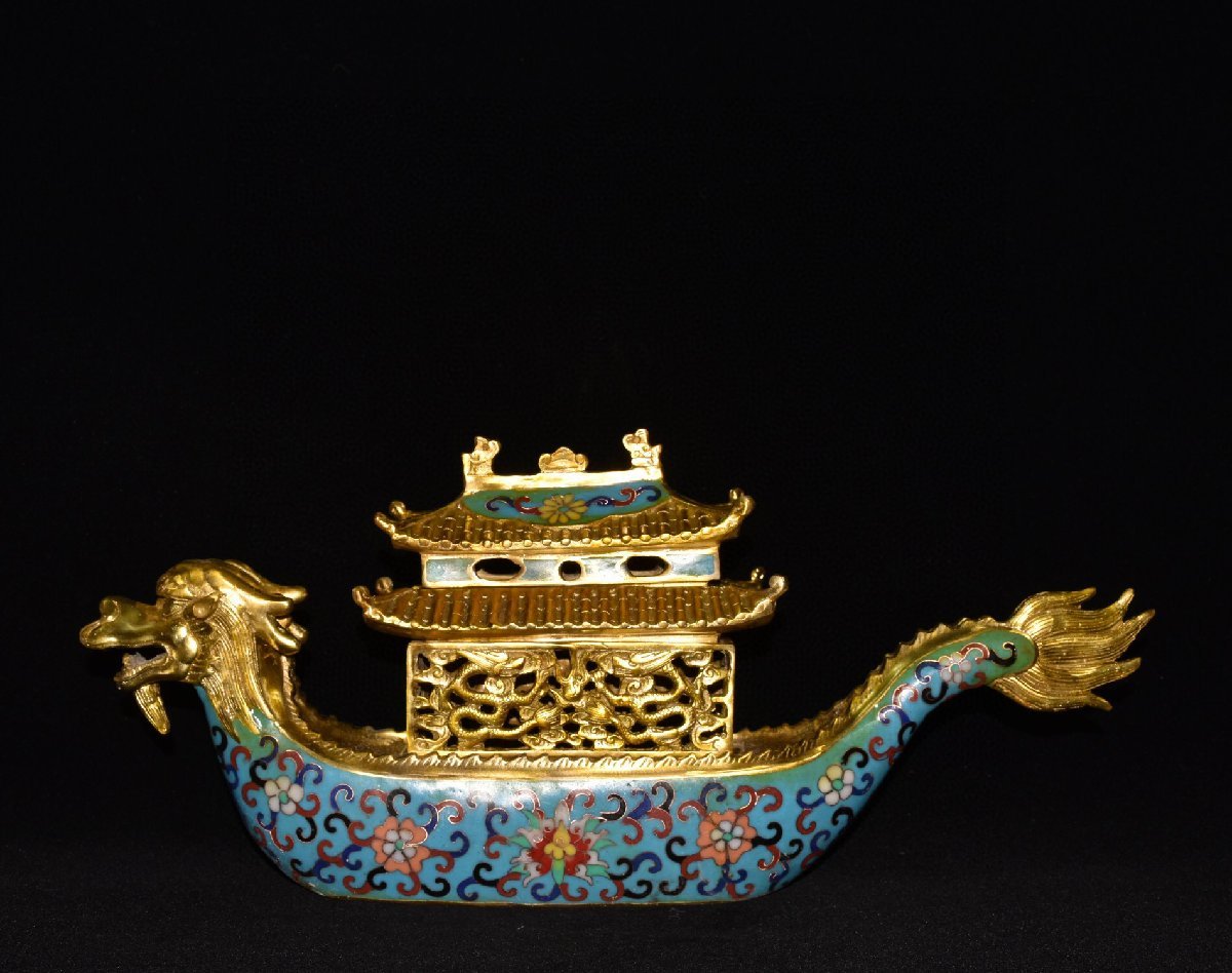 ◆古寳堂◆清 乾隆年製款 銅製 景泰藍 琺瑯彩 塗金 龍船熏香炉 置物 賞物 極細工 古置物 古擺件 中国古美術 時代物 古董品