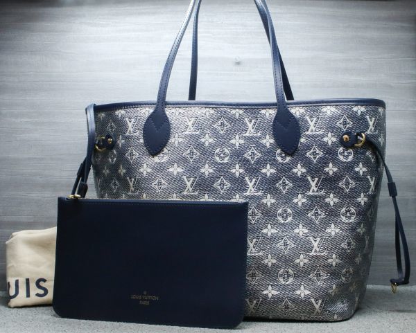 美品 ルイヴィトン M22921 モノグラム ラミネーデッド ジャガード ネヴァーフルMM ポーチ付 ネイビー トートバッグ LOUIS VUITTON_画像1