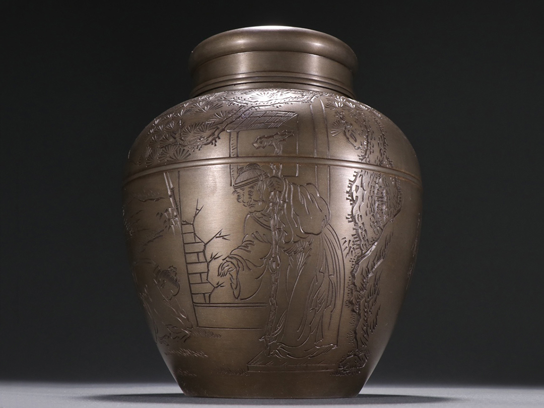 ▽鴻▽『清・錫彫・人物図茶入れ』極細工 時代物 中国古美術 骨董品