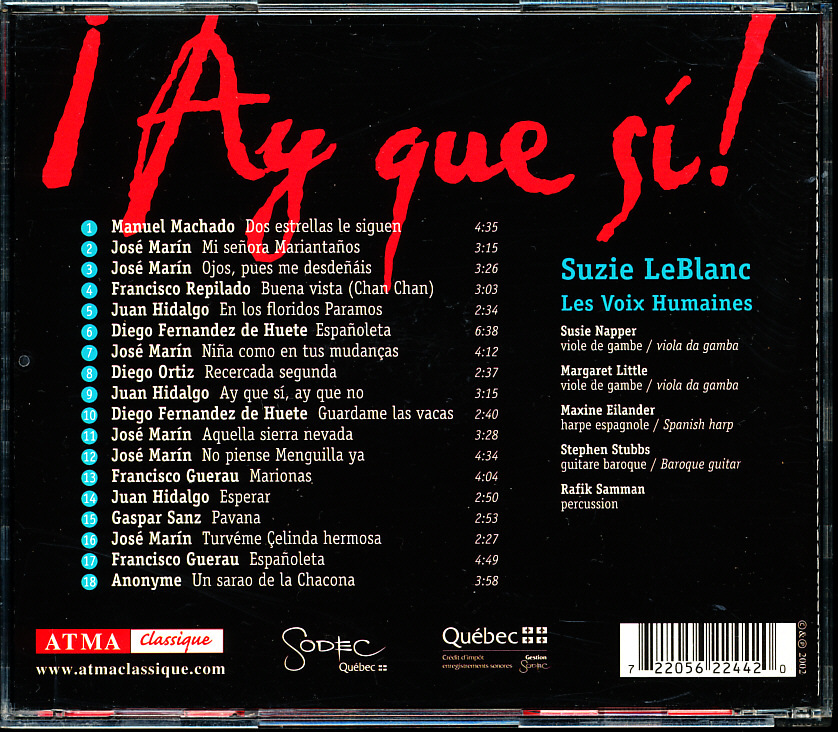 ATMA スージー・ルブラン/Suzie LeBlanc, レ・ヴォワ・ユメーヌ - 17世紀のスペイン歌曲集　4枚同梱可能　c2CB00006JM3P_画像2