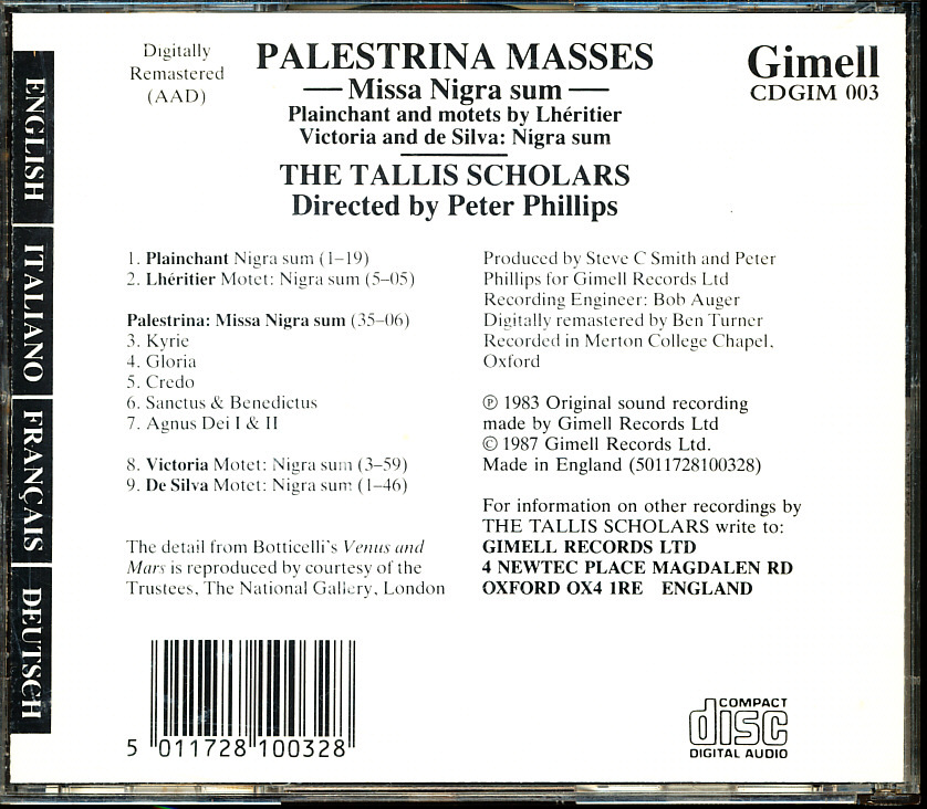 Gimell タリス・スコラーズ/The Tallis Scholars - パレストリーナ：ミサ曲「われは黒し」他　4枚同梱可能　a2DB001WSK6QW_画像2
