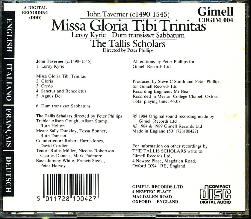 Gimell初期盤 タリス・スコラーズ/The Tallis Scholars - タヴァナー：ミサ・グローリア・ティビ・トリニタス他　4枚同梱可　b2DB00005AU0N_画像2