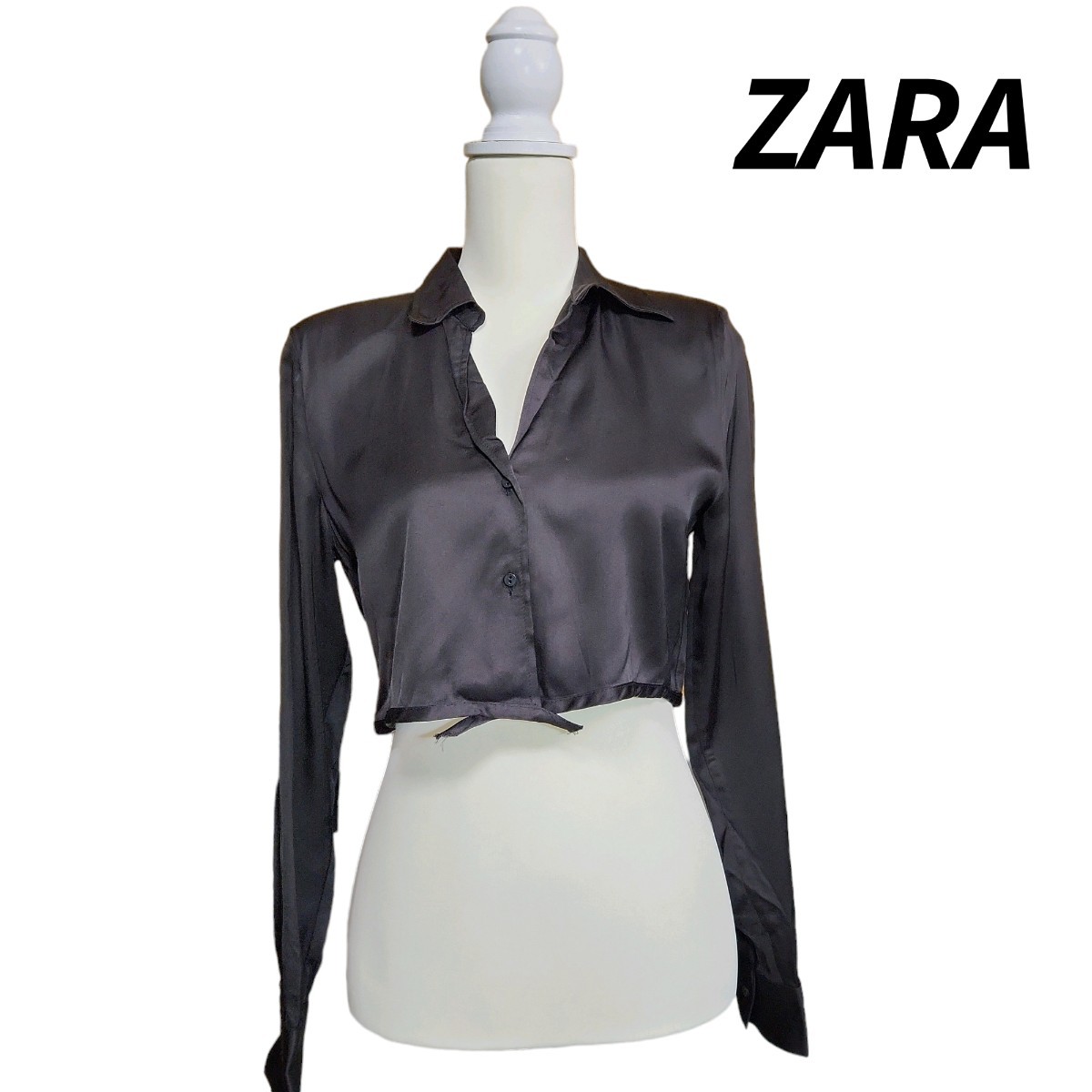 ZARA レーヨン素材 ショート丈オープンカラー長袖シャツ 黒 表記サイズM 肩パットあり82926_画像1