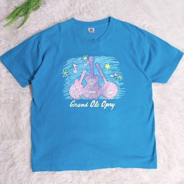 90s USA製 ギター・音符・星プリントTシャツ・青ブルー・バンジョー 表記サイズXL 　90年代 シングルステッチ 丸胴 音楽 7896