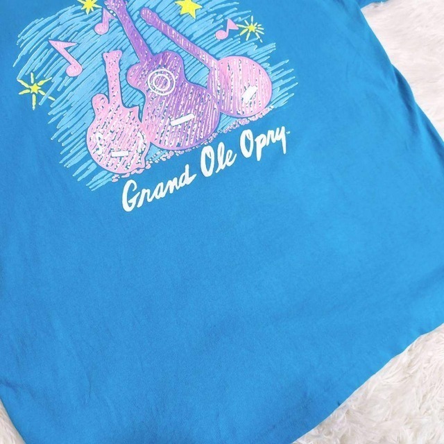 90s USA製 ギター・音符・星プリントTシャツ・青ブルー・バンジョー 表記サイズXL 　90年代 シングルステッチ 丸胴 音楽 7896