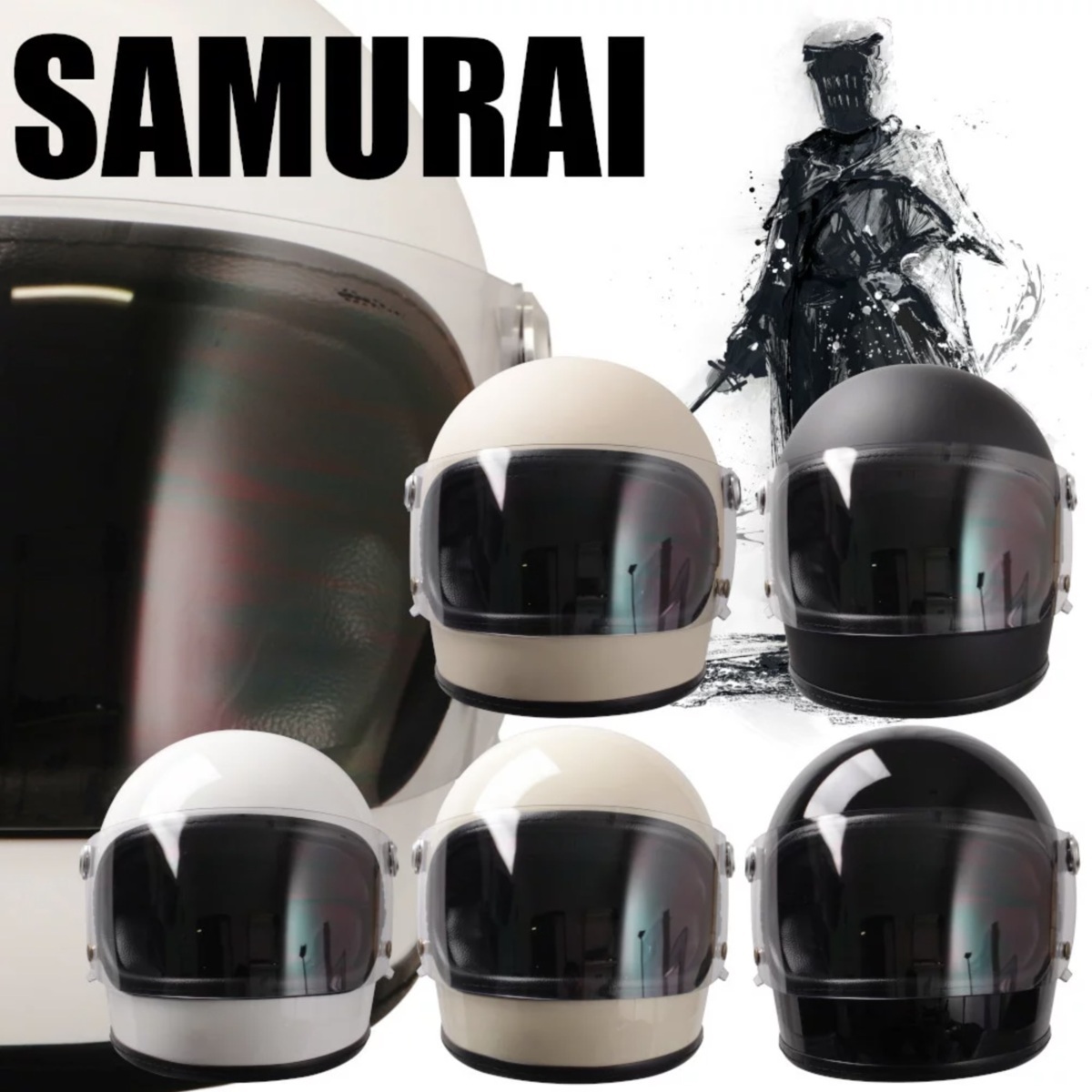 レトロフルフェイス ヘルメット SG/PSCマーク付き 侍 SAMURAI バイク用 サムライクレスト族ヘルメット マットブラックL