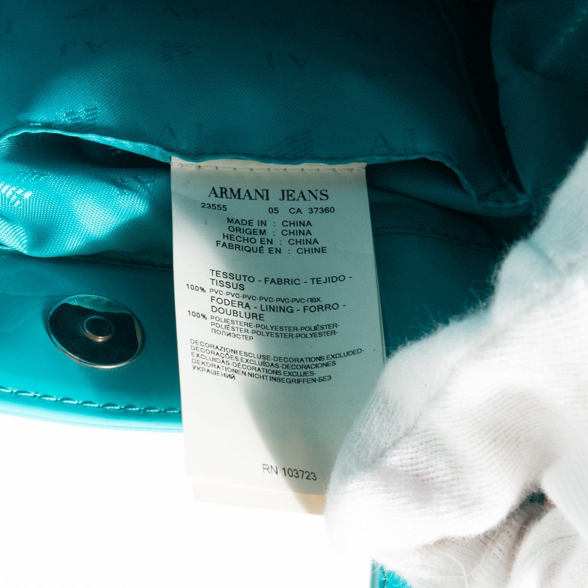 【1円スタート】ARMANI JEANS アルマーニ ジーンズ エナメル トートバッグ ターコイズブルー PVC レディース 手さげ カジュアル bag 鞄_画像8