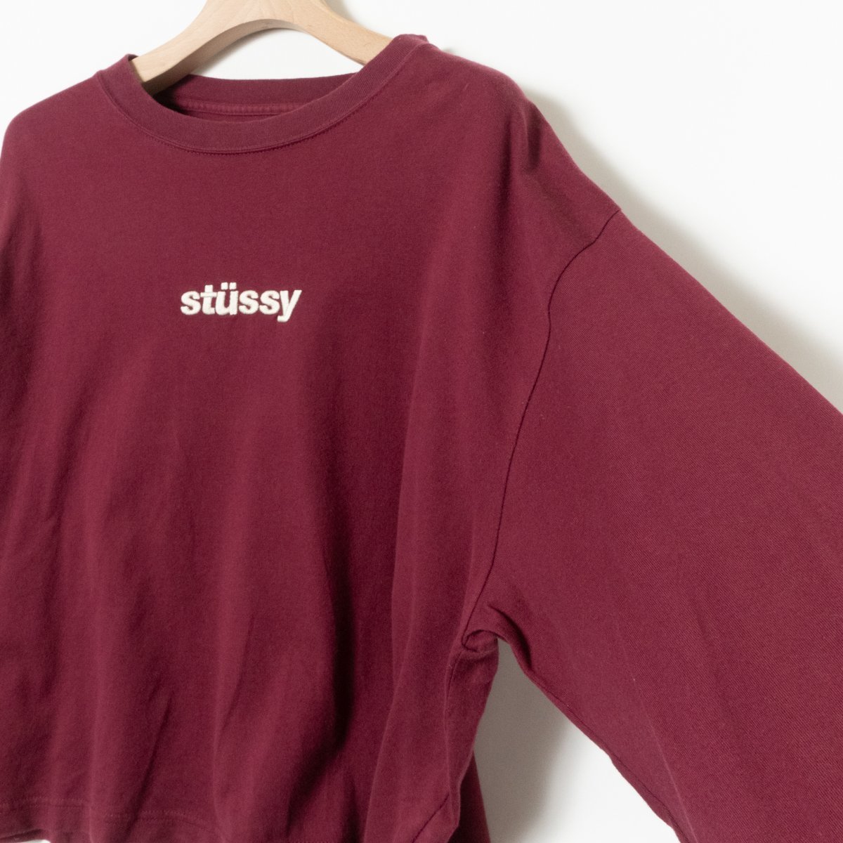 STUSSY トップス ステューシー Tシャツ ロンT ワイン エンジ 刺繍ロゴ カジュアル アメカジ コットン100％ ロングスリーブ SMALL 日本製_画像3