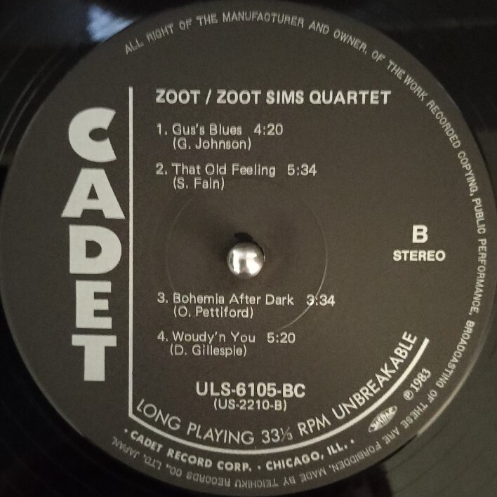 CADET ARGO テイチク 美盤LP　ZOOT SIMS／Zoot　Johnny Williams　Gus Johnson　Knobby Totah　ズート シムズ　カデット　アーゴ_画像5