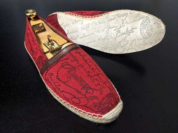 極美品 試着程度 ベルルッティ 9 Berluti カリグラフィ エスパドリーユ ソフトスリッポン 赤 8125_画像1