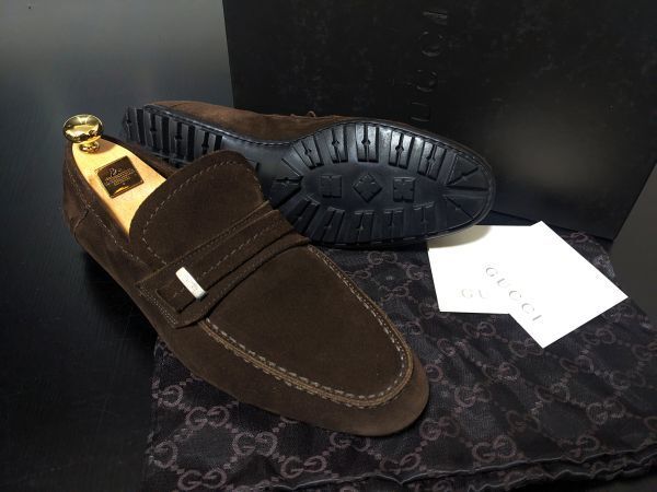 美品 使用回数少 グッチ40.5EJ GUCCI 濃茶 コインドライビングソフトスリッポン 箱付 8151_画像1