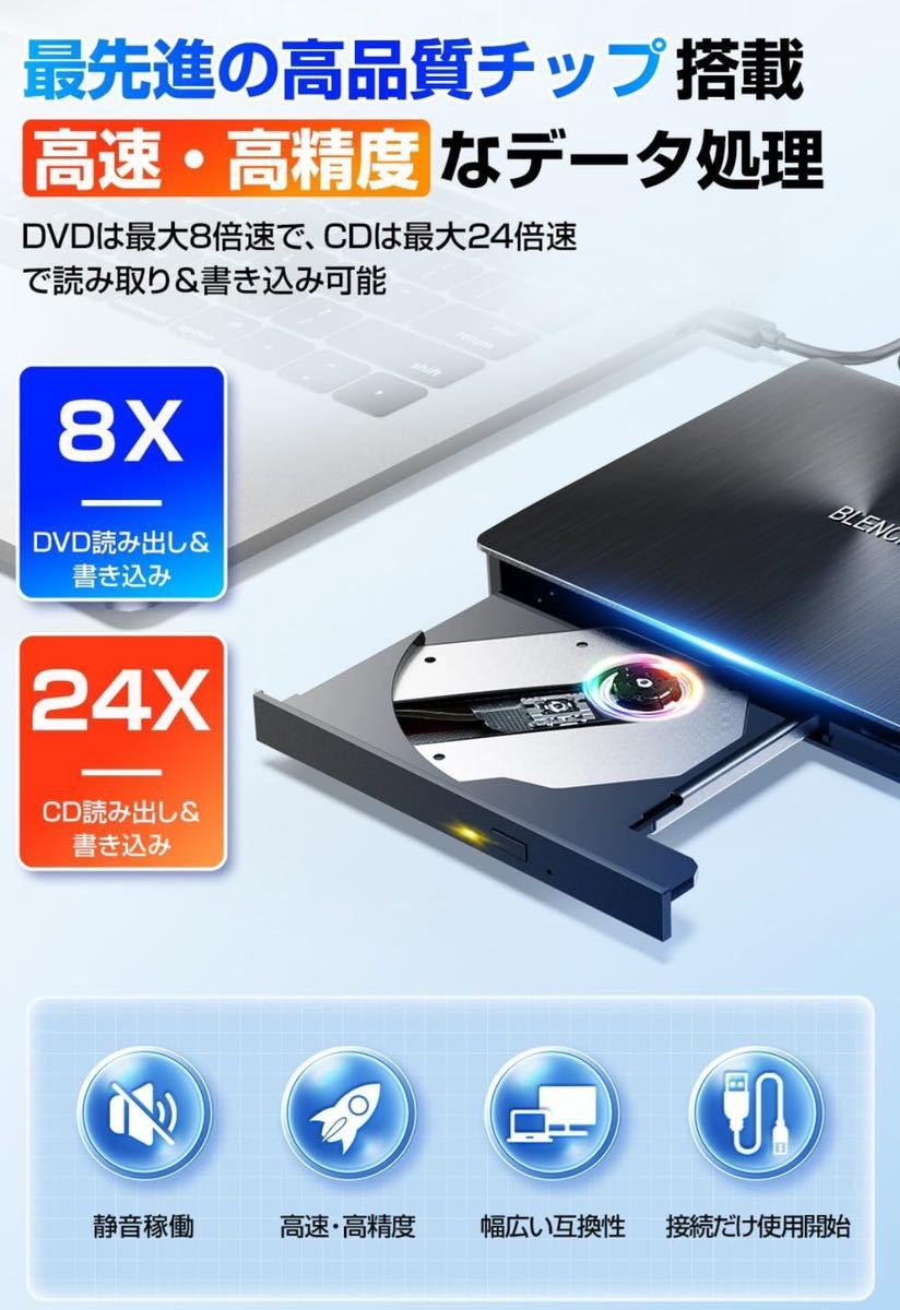 外付けDVDドライブ 極静音 CD DVDドライブ 外付け 高速 USB 3.0&Type-Cデュアルポート 外付けCDドライブ 読み出し&書き込み_画像2