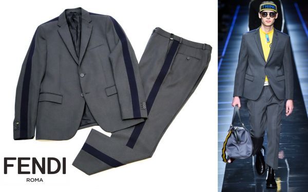 国内正規品 FENDI サイドライン スーツセットアップ フェンディ SIDE LINE SUIT SET－UP ジャケット スラックス グレー×ネイビー 52 JK-12_画像1