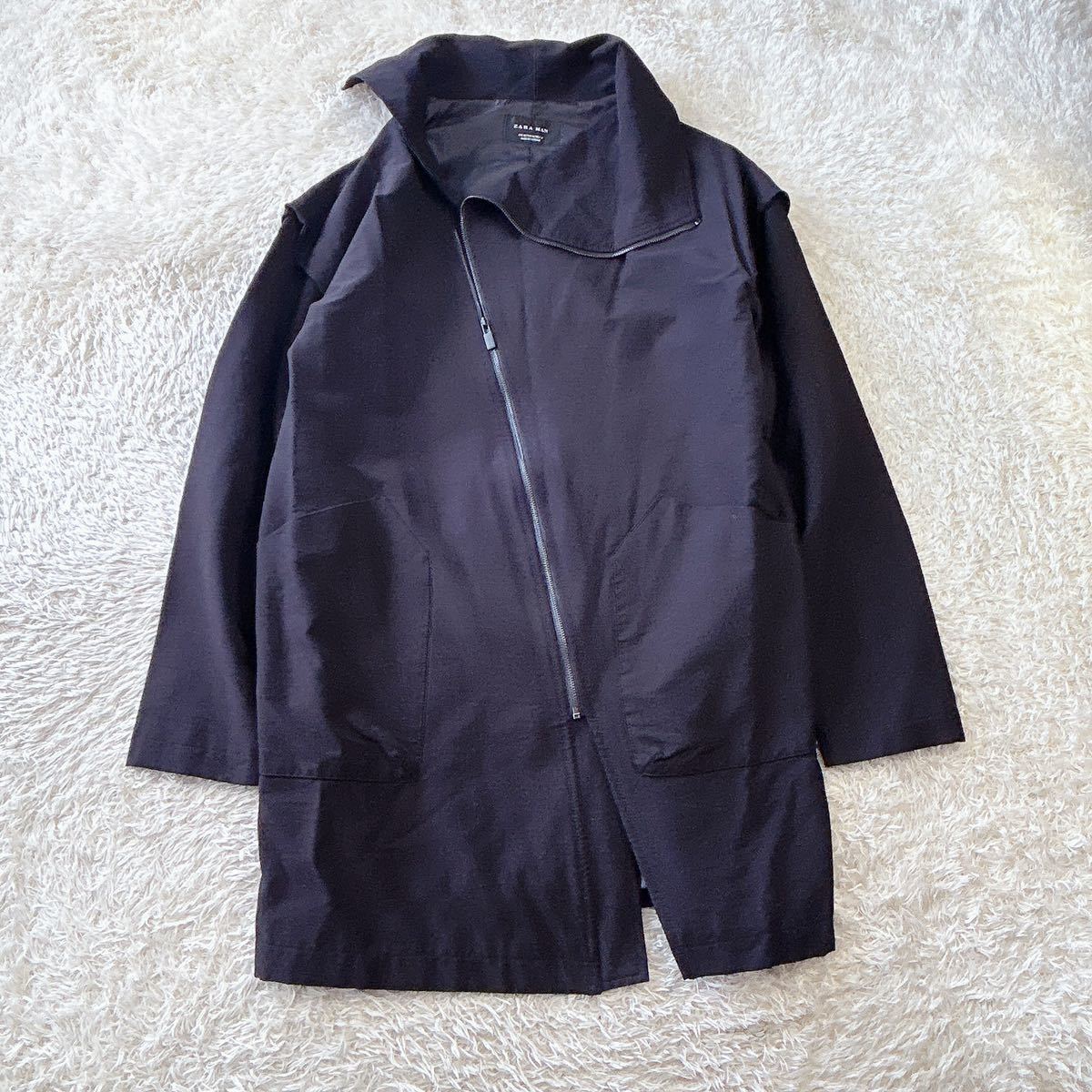 ZARA MAN/ザラマン アシンメトリーコート ジップアップ ストレッチ シェイプ 黒 ブラック M メンズ ユニセックス_画像1