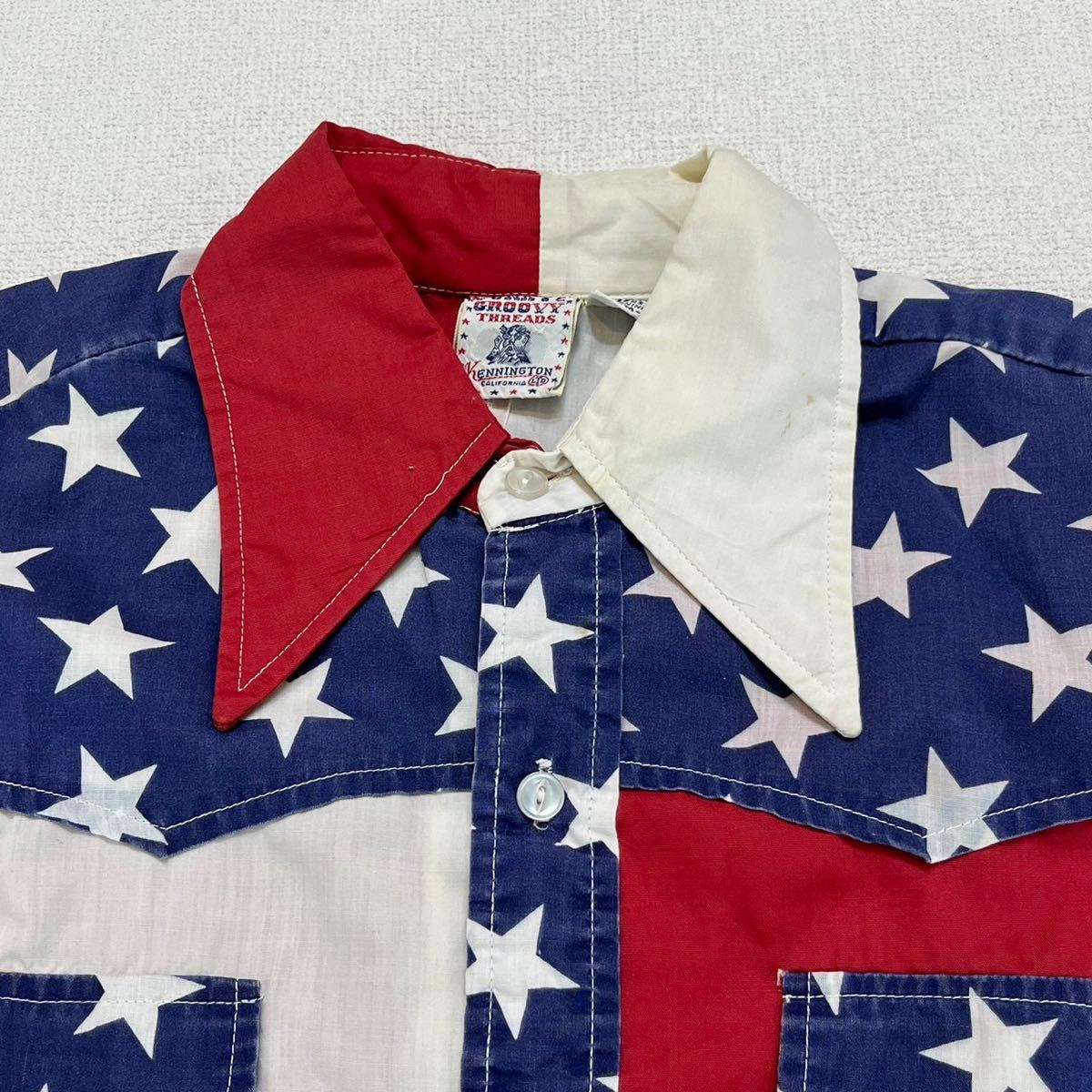 h333 70 年代 ケニントン アメリカ 国旗 クレイジー パターン スター シャツ vintage ビンテージ USA 70s KENNINGTON 星 crazy shirt_画像3