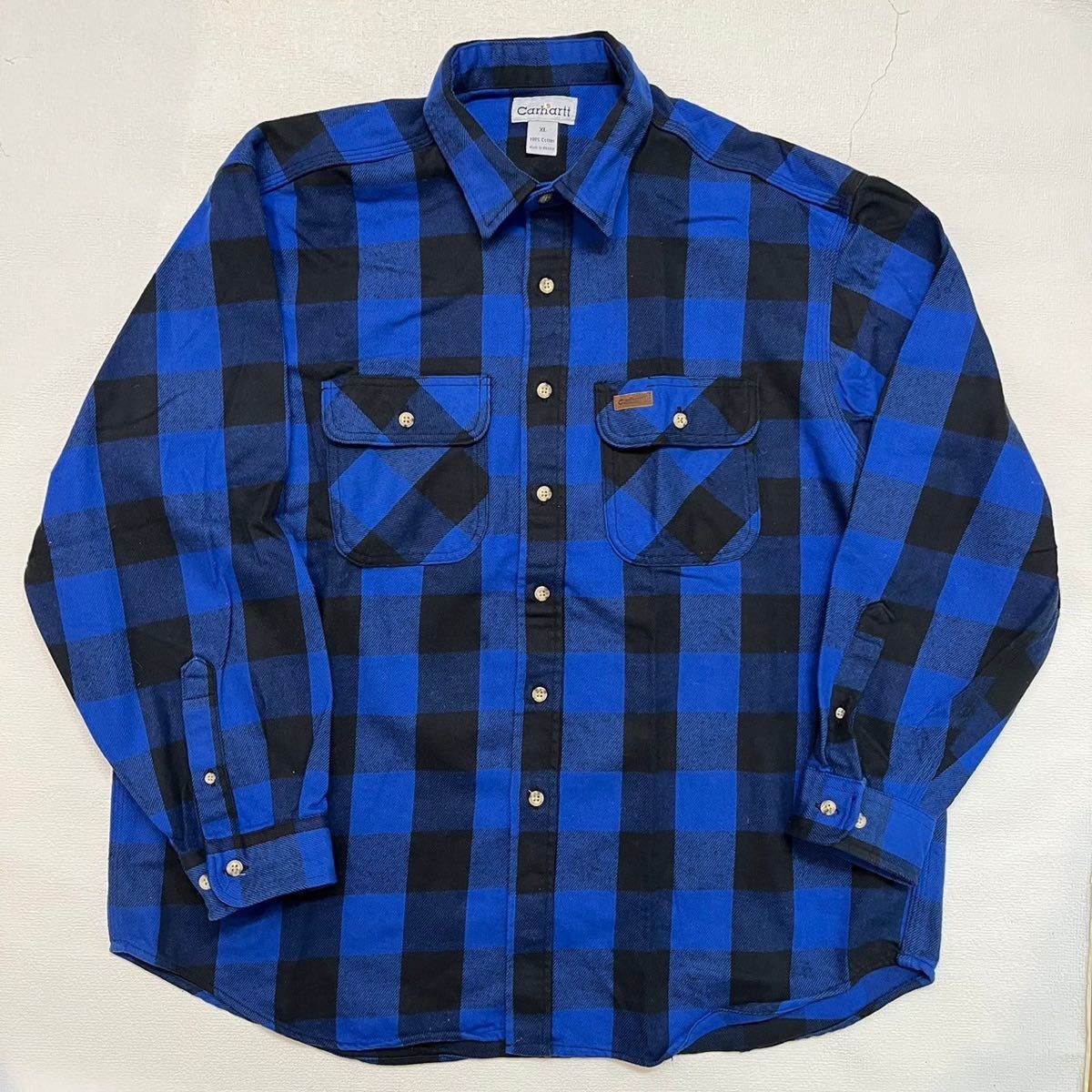 h368 美品 90 年代 カーハート ビッグ サイズ バッファロー ブロック チェック ネル シャツ XL ブルー vintage ビンテージ carhartt