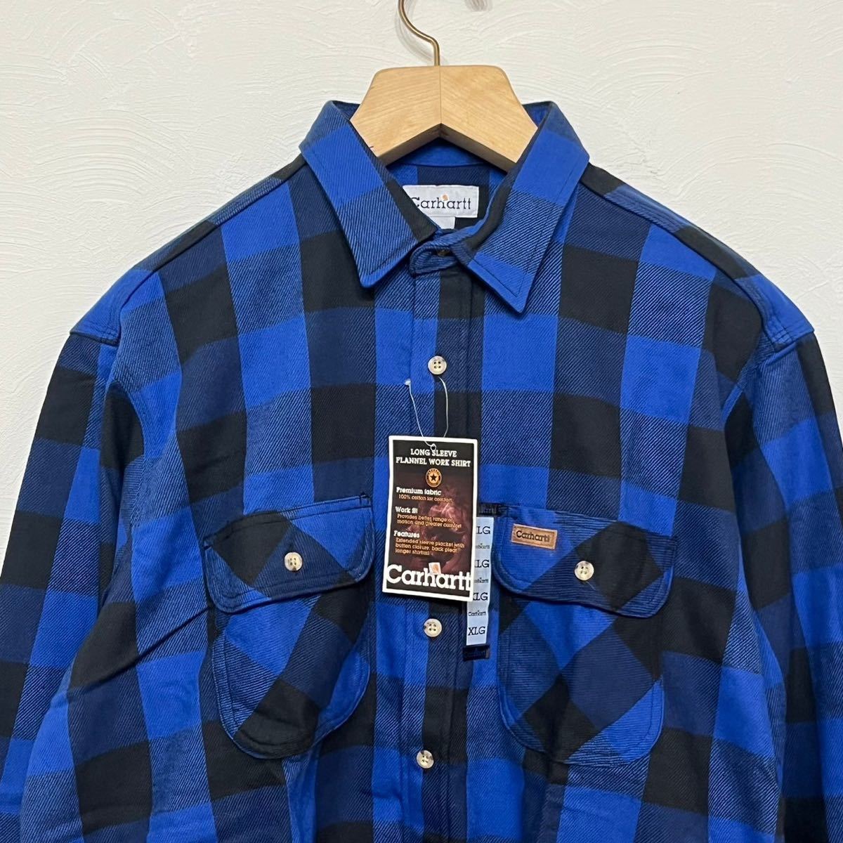 h369 デッドストック 90 年代 カーハート ブロック バッファロー チェック 柄 ネル シャツ carhartt XL vintage ビンテージ 90s ブルー_画像4