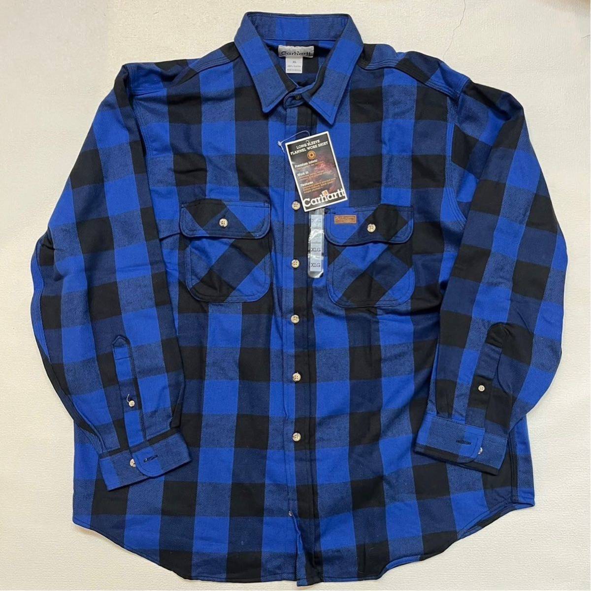 h369 デッドストック 90 年代 カーハート ブロック バッファロー チェック 柄 ネル シャツ carhartt XL vintage ビンテージ 90s ブルー_画像1