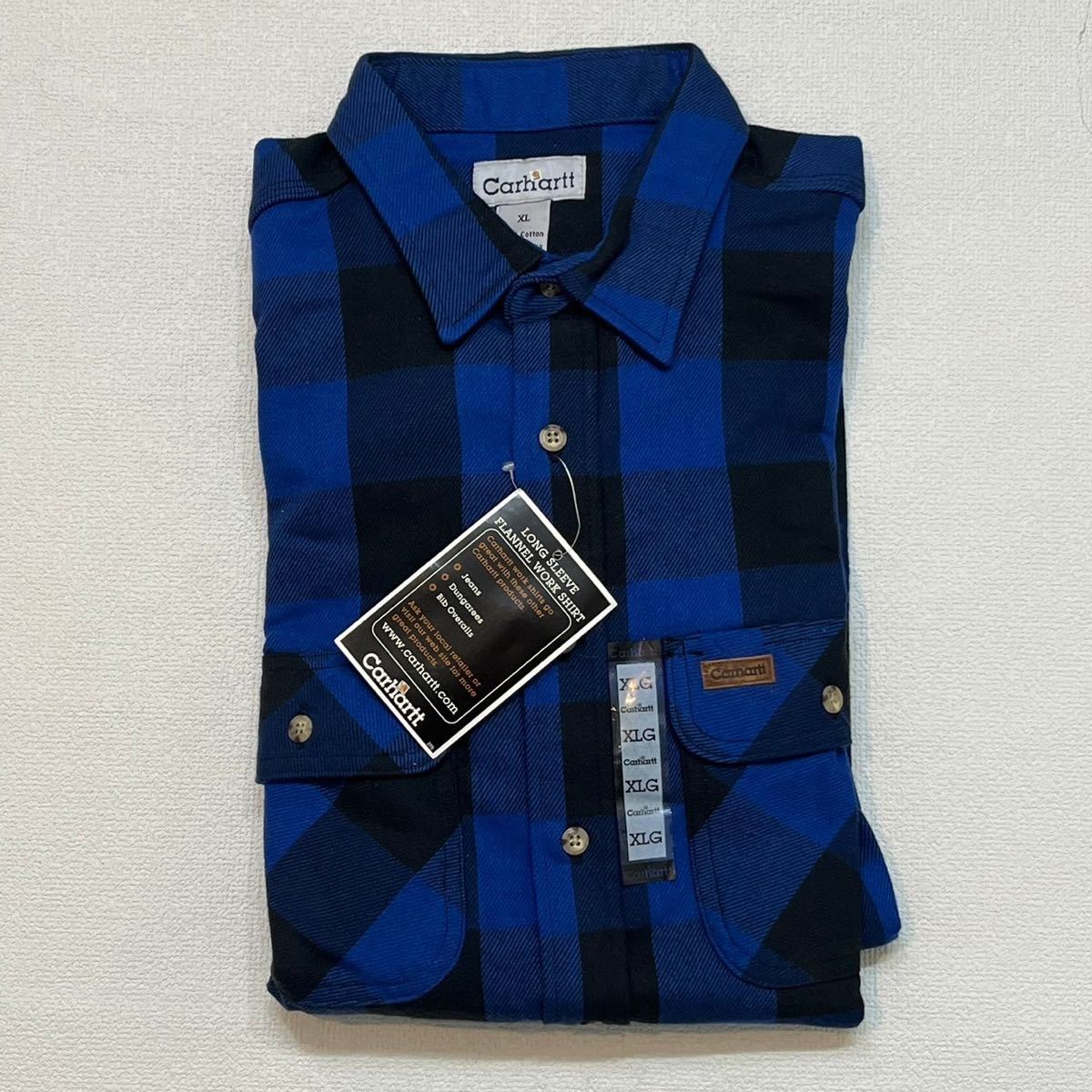 h369 デッドストック 90 年代 カーハート ブロック バッファロー チェック 柄 ネル シャツ carhartt XL vintage ビンテージ 90s ブルー_画像2