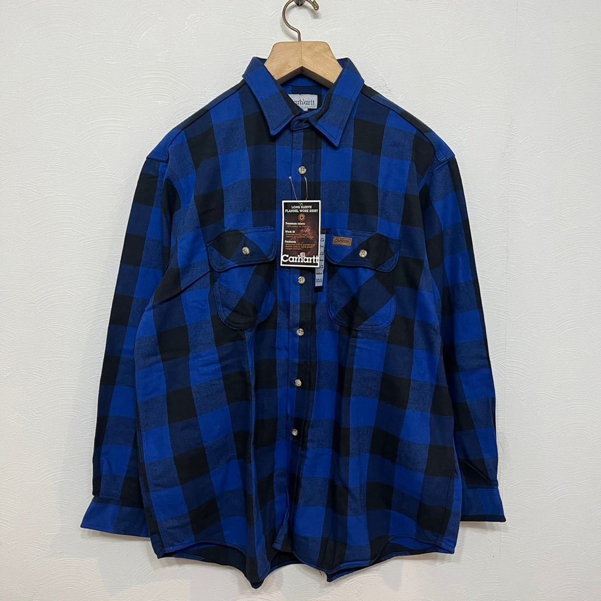 h369 デッドストック 90 年代 カーハート ブロック バッファロー チェック 柄 ネル シャツ carhartt XL vintage ビンテージ 90s ブルー_画像3