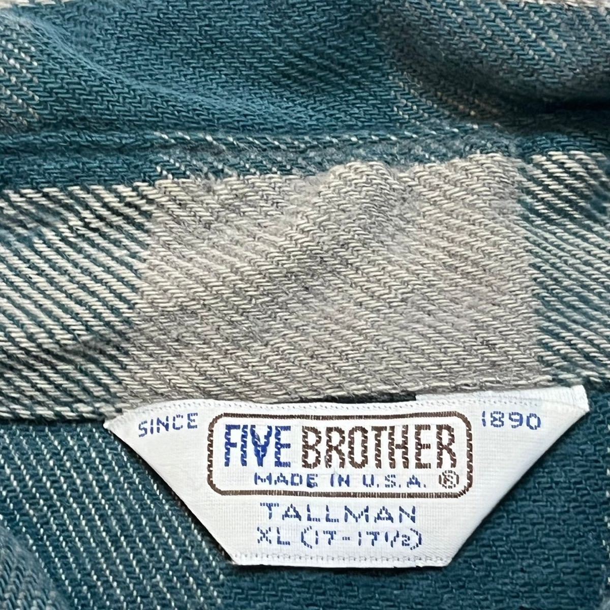 h378 80 年代 アメリカ 製 FIVE BROTHERS バッファロー ブロック チェック 柄 ヘビー ネル シャツ XL 緑 vintage ファイブブラザーズ_画像7