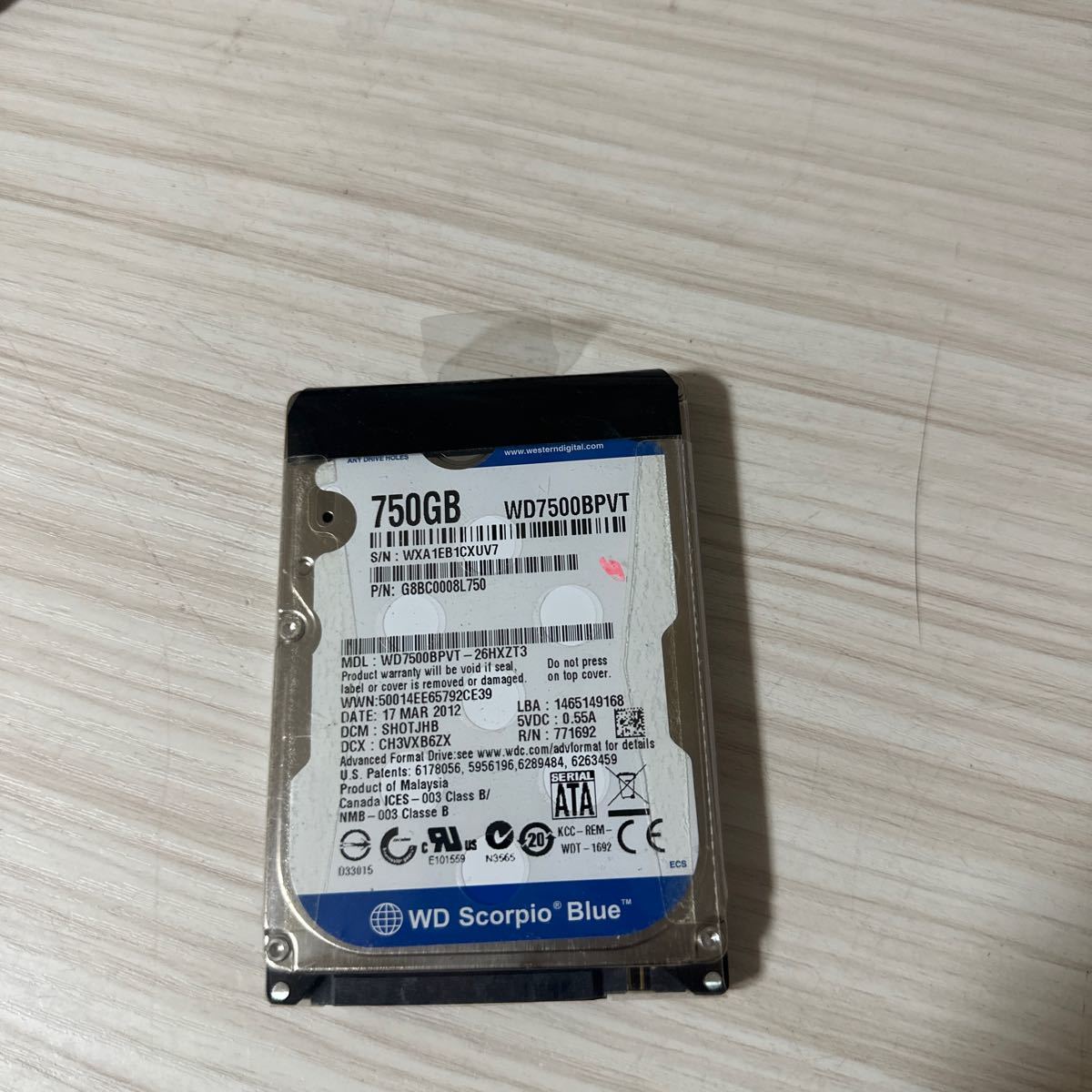 W9:【動作保証/使用0時間】WD 750GB HDD WD7500BPVT 2.5インチ 9.5mm厚 CrystalDiskInfo正常判定_画像1