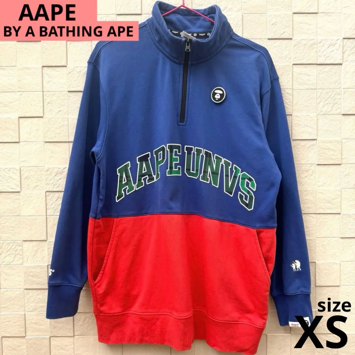 Aape エイプ　ハーフジップ　スウェット　ビッグロゴ　トレーナー　バイカラー 長袖　XS ツートン　チェック