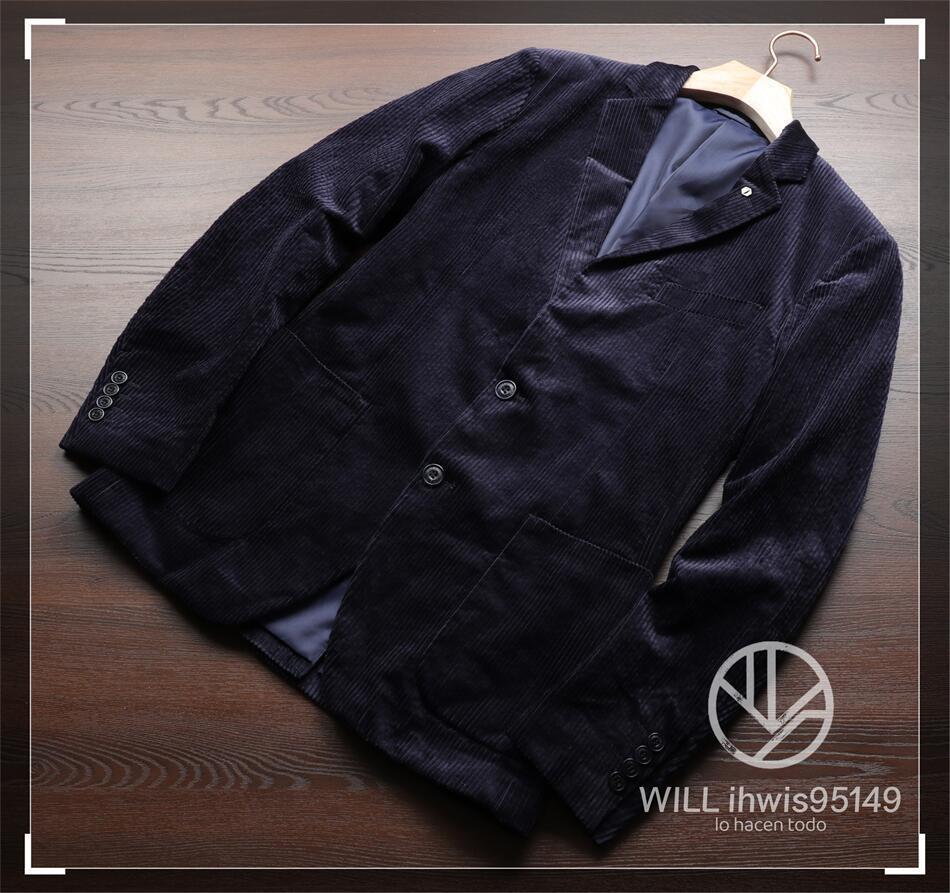 AS20　イギリス　テーラードジャケット　メンズ　XL(日本サイズでL程度)　スーツ　コーデュロイ　高品質　肉厚完売　紳士　ネイビー_画像1
