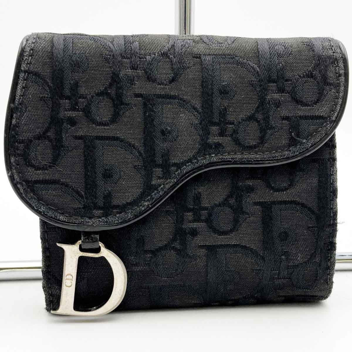 Christian Dior クリスチャンディオール トロッター 二つ折り財布 財布 サドル ブラック キャンバス レディース ファッション 小物 USED