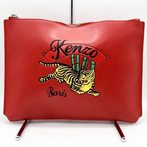 美品 KENZO ケンゾー セカンドバッグ クラッチバッグ ポーチ 虎 タイガー レッド レザー メンズ レディース ファッション 小物 USED