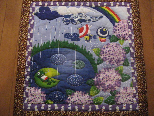 * hand made tapestry rainy season frog ... umbrella purple . flower puddle rain ....... four season A