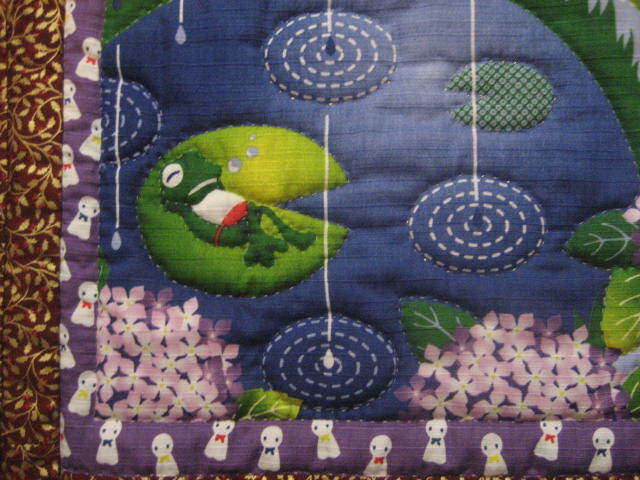 * hand made tapestry rainy season frog ... umbrella purple . flower puddle rain ....... four season A