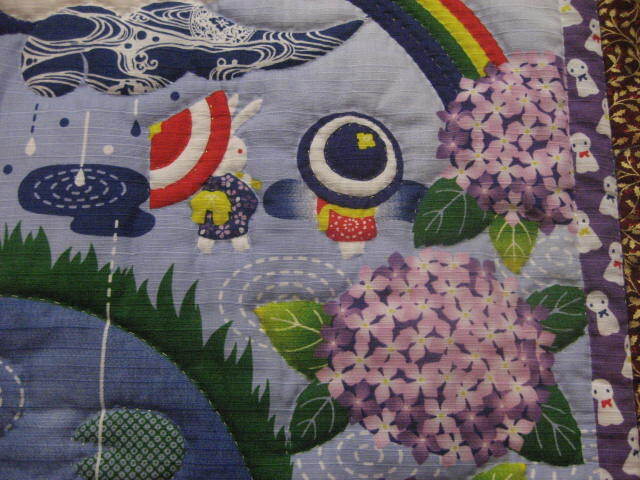 * hand made tapestry rainy season frog ... umbrella purple . flower puddle rain ....... four season A