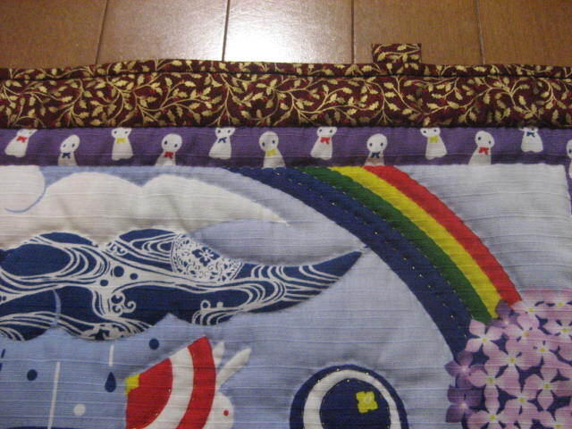 * hand made tapestry rainy season frog ... umbrella purple . flower puddle rain ....... four season A