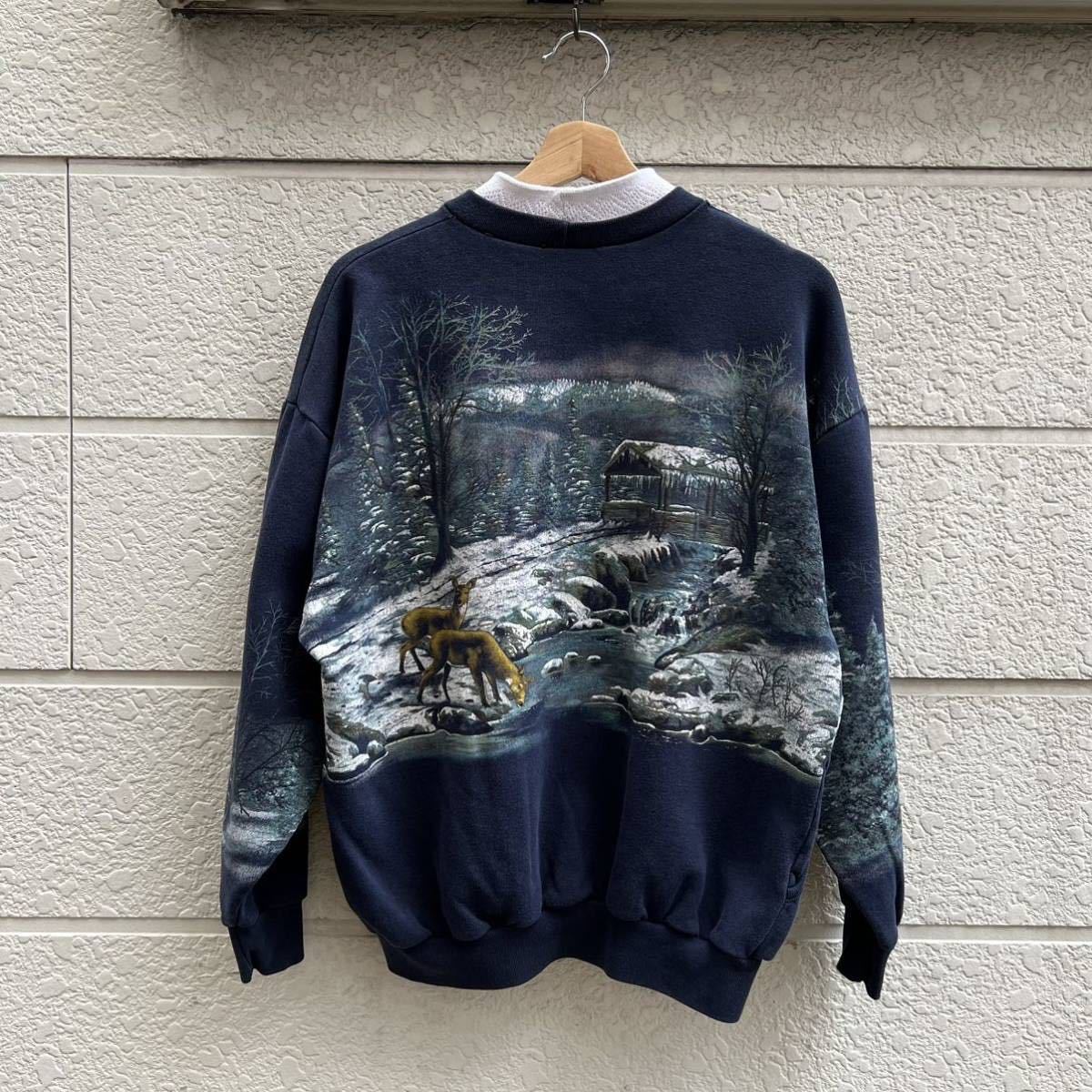 90s 00s USA古著 ネイビー プリント スウェットシャツ トレーナー 風景柄 袖プリント ポケット付き アメリカ古著 vintage ヴィンテージ
