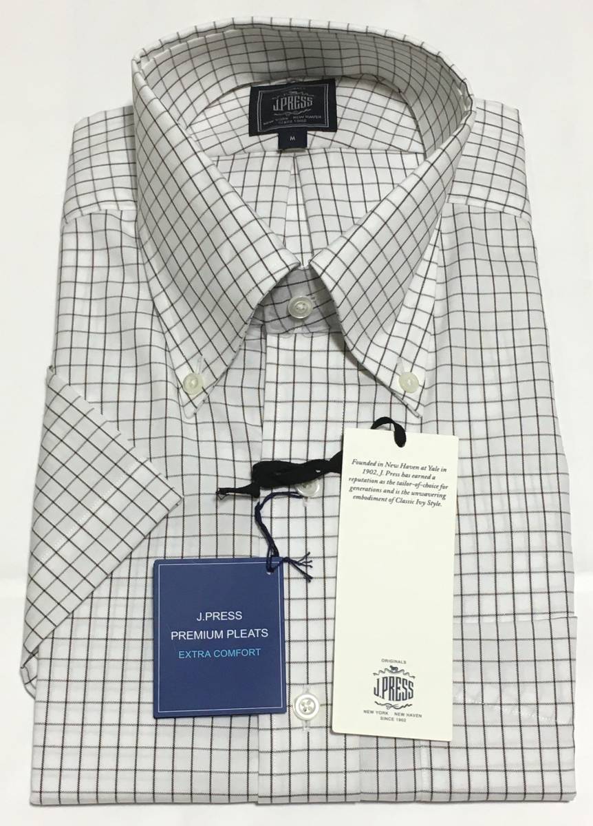 J.PRESS　半袖 ボタンダウンシャツ 綿100　形態安定PREMIUM PLEATS DRESS SHIRT　M　ブラウンチェック　ジェイプレス オンワード