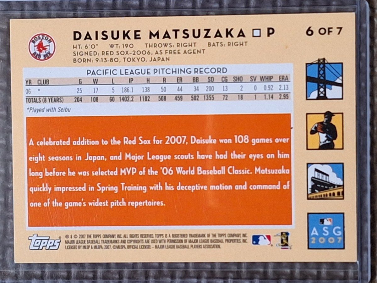 2007 Topps #6 Of 7 DAISUKE MATSUZAKA RC All-Star Game Boston Red Sox Saitama Seibu Lionsの画像2
